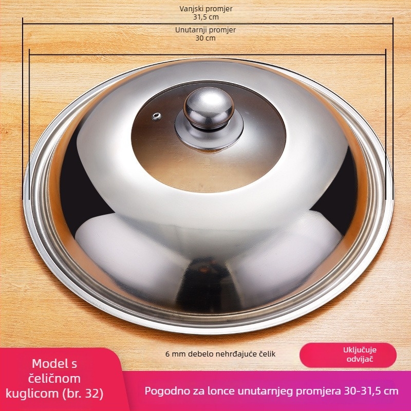 Poklop za wok od nehrđajućeg čelika s kaljenim staklom, promjer 32 cm, proziran, okrugli