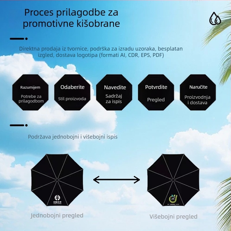 Automatski sklopivi kišobran s 10 rebara, UV zaštita, vinil tkanina, crni premaz, mogućnost tiskanja logotipa