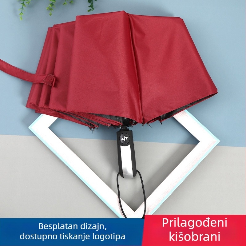 Automatski kišobran s 10 rebara, sklopivi za sunce i kišu, UV zaštita UPF iznad 50, trodjelni dizajn, ispis logotipa