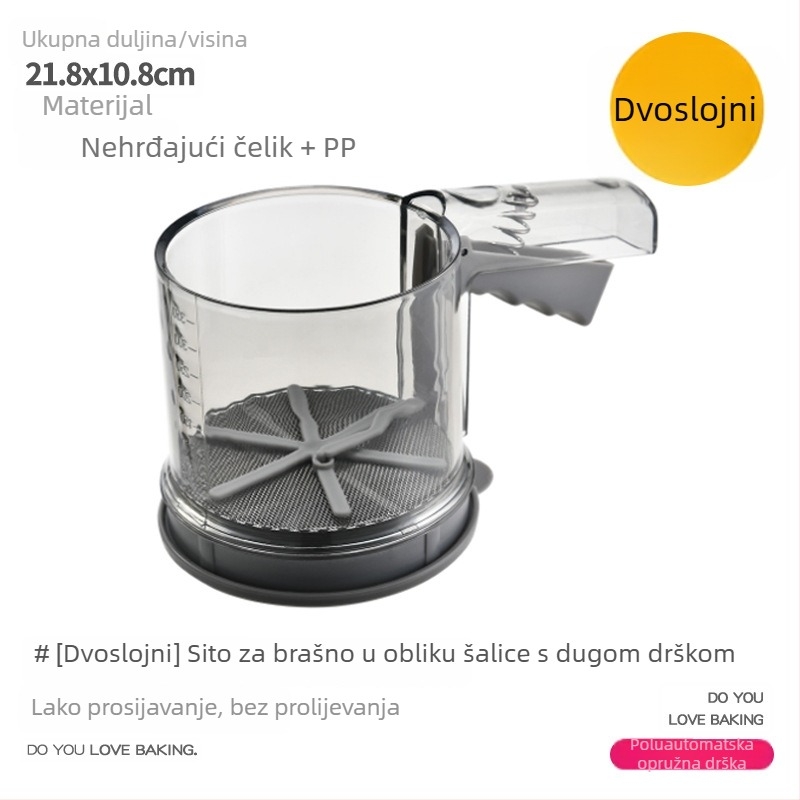 Ručni poluautomatni prosijak za brašno s ultrafinom filtracijskom mrežicom za kućnu pripremu pečenja