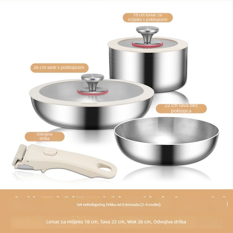 Ye Guo 316 nehrđajućeg čelika, šestodijelni set posuđa za kućnu upotrebu s odvojivim ručkama, bez premaza i staklenim poklopcem za kućnu upotrebu