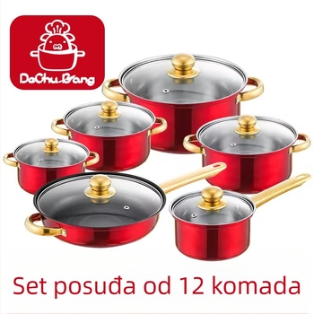 12-dijelni set posuđa od nehrđajućeg čelika s trostrukim dnom: lonac za juhu, lonac za mlijeko, tava i čajnik