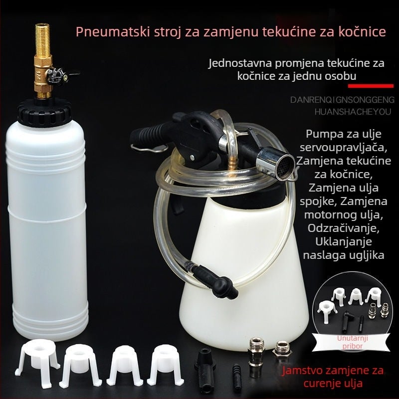 Pneumatski uređaj za zamjenu tekućine kočnica – komplet s posudom za nadopunu 1000 ml, pumpom 750 ml, otporna cijev, zračni nastavak i cijev