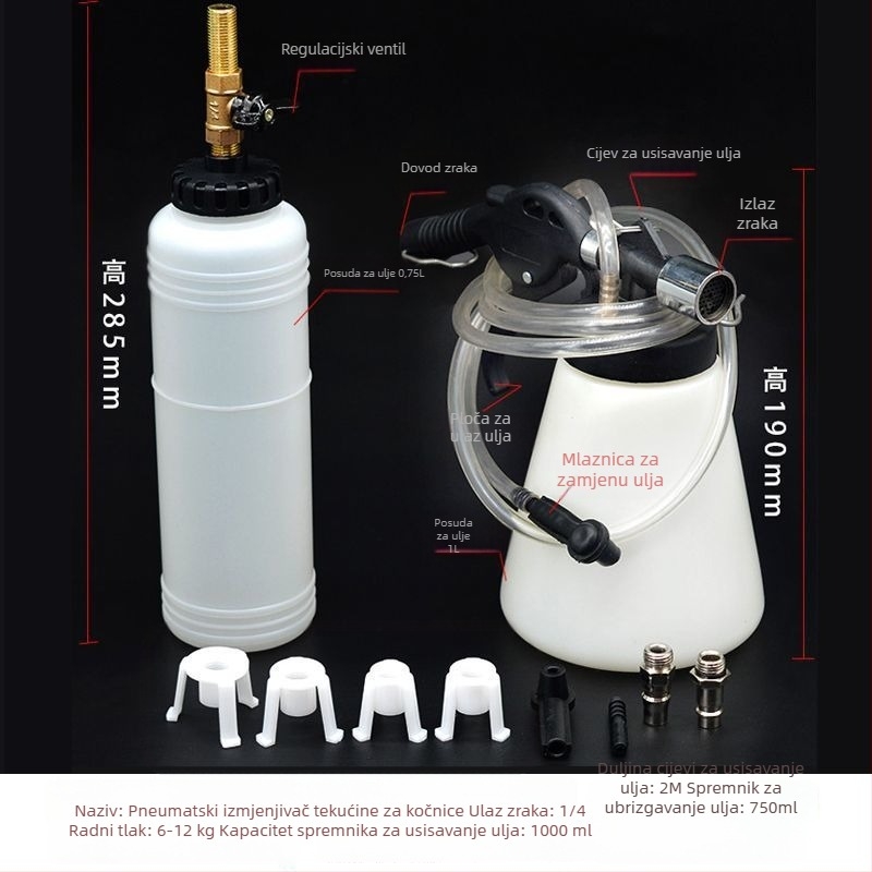 Pneumatski uređaj za zamjenu tekućine kočnica – komplet s posudom za nadopunu 1000 ml, pumpom 750 ml, otporna cijev, zračni nastavak i cijev