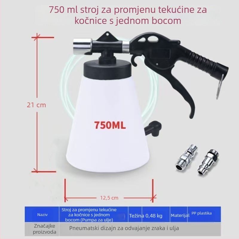 Pneumatski uređaj za zamjenu tekućine kočnica – komplet s posudom za nadopunu 1000 ml, pumpom 750 ml, otporna cijev, zračni nastavak i cijev