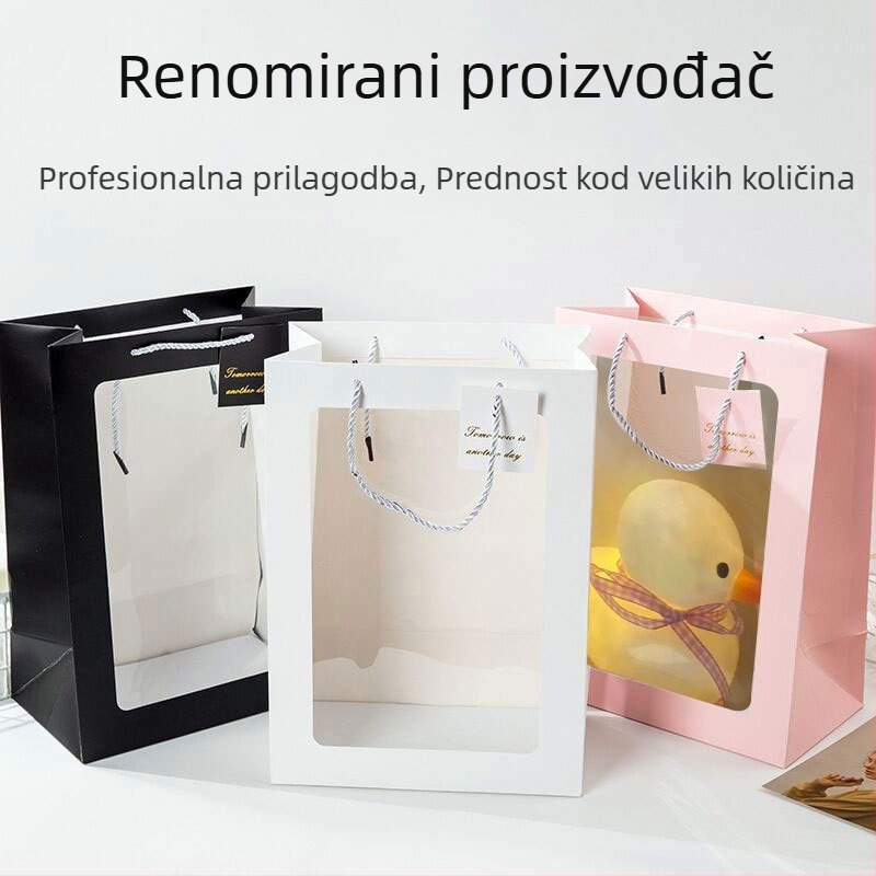 Torba od papira za poklone s prozirnim prozorom, ručka, kvadratno dno, bijeli karton; univerzalna ambalaža. Dostupna u crnoj, ružičastoj, crvenoj i bijeloj boji (vertikalni dizajn)