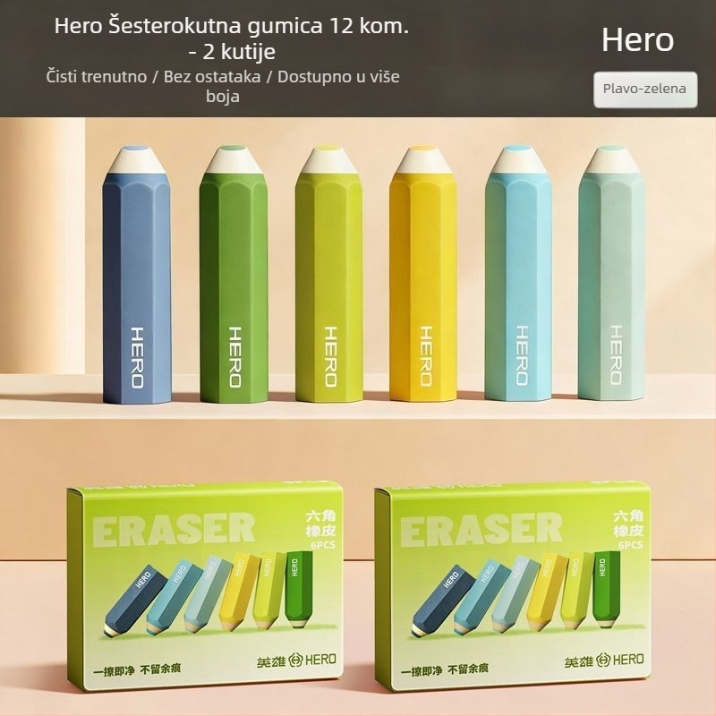 Hero heksagonalna gumica za olovke – bez ostataka, čista, ne ostavlja tragove, karikaturalni dizajn, netoksična, 66×17 mm, materijal TPE, za učenike