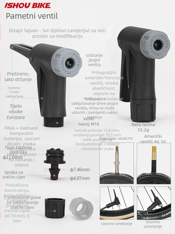 Adapter za biciklističku pumpu: glava za naduhavanje, zamjenski dio, pretvarač zraka za cijev, visokotlačni ventil američki/Presta, pametna mlaznica