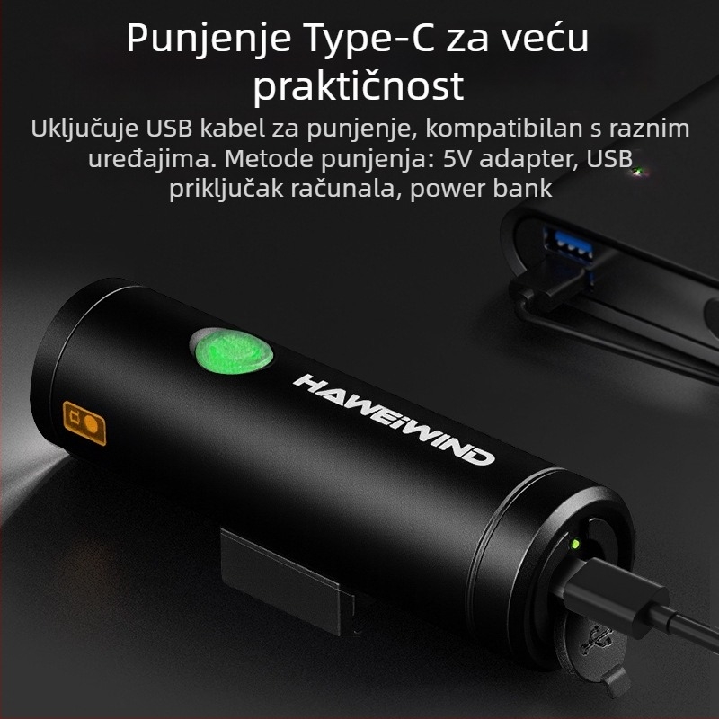 Haweiwind prednja svjetiljka za bicikl – aluminijski spoj, visoka jasnost, USB punjenje