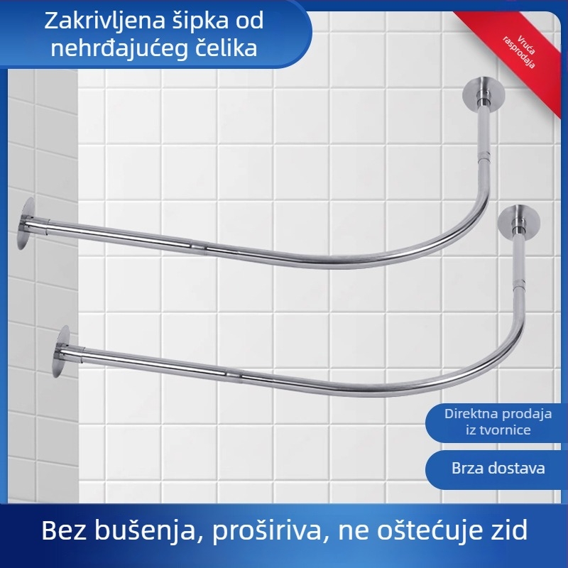 Bez bušenja teleskopna šipka za tuš, zakrivljena u obliku L i U, vodootporna tuš pregrada