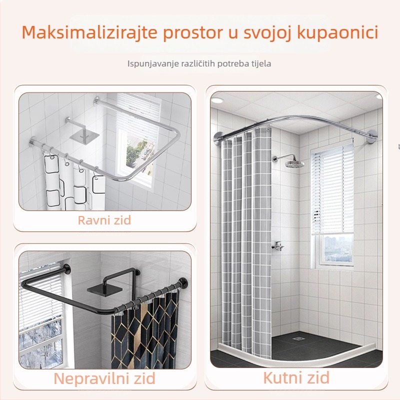 Bez bušenja teleskopna šipka za tuš, zakrivljena u obliku L i U, vodootporna tuš pregrada