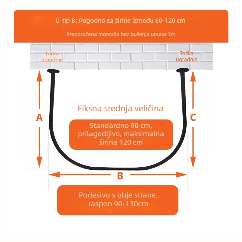 Bez bušenja teleskopna šipka za tuš, zakrivljena u obliku L i U, vodootporna tuš pregrada