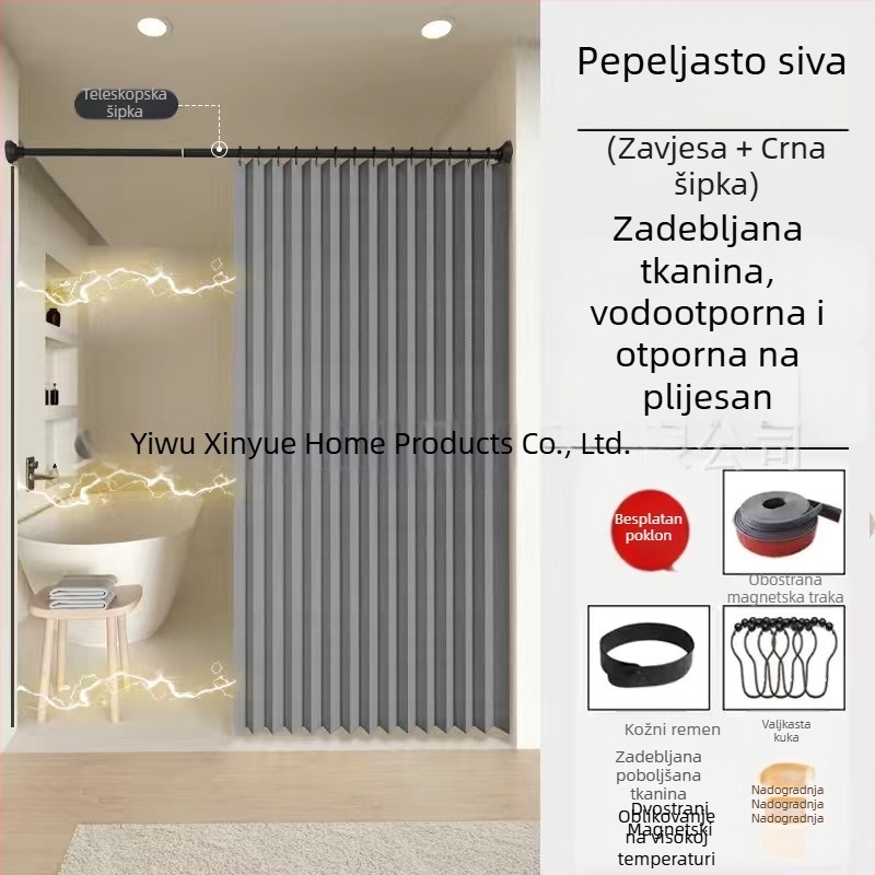 Nevidljivi sklopivi komplet zavjesa za tuširanje, bez bušenja, vodootporna tkanina, pregrada za kupaonicu za mokro/suho odvajanje