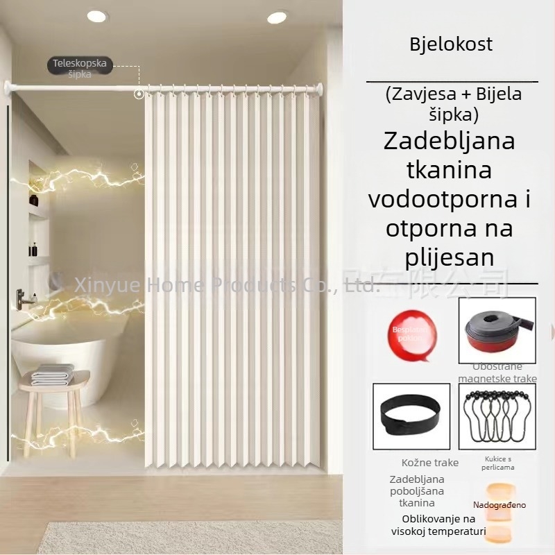 Nevidljivi sklopivi komplet zavjesa za tuširanje, bez bušenja, vodootporna tkanina, pregrada za kupaonicu za mokro/suho odvajanje
