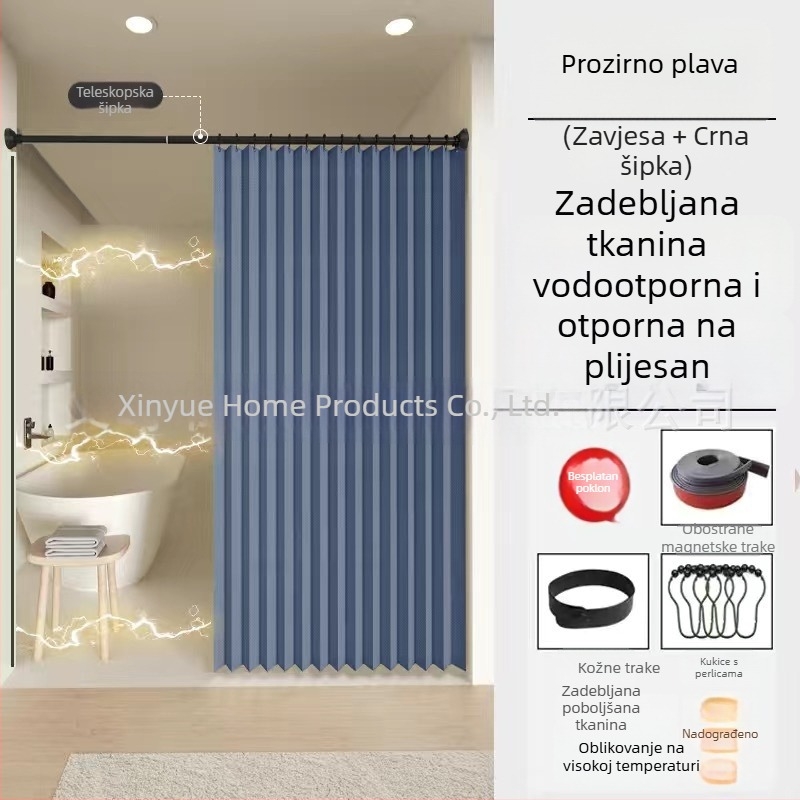 Nevidljivi sklopivi komplet zavjesa za tuširanje, bez bušenja, vodootporna tkanina, pregrada za kupaonicu za mokro/suho odvajanje