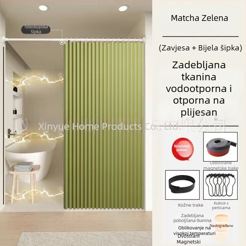 Nevidljivi sklopivi komplet zavjesa za tuširanje, bez bušenja, vodootporna tkanina, pregrada za kupaonicu za mokro/suho odvajanje