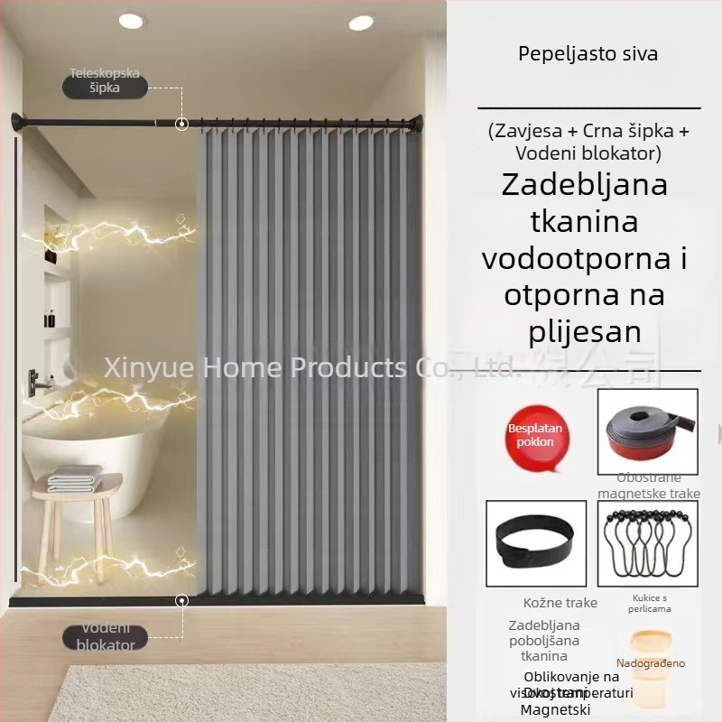 Nevidljivi sklopivi komplet zavjesa za tuširanje, bez bušenja, vodootporna tkanina, pregrada za kupaonicu za mokro/suho odvajanje