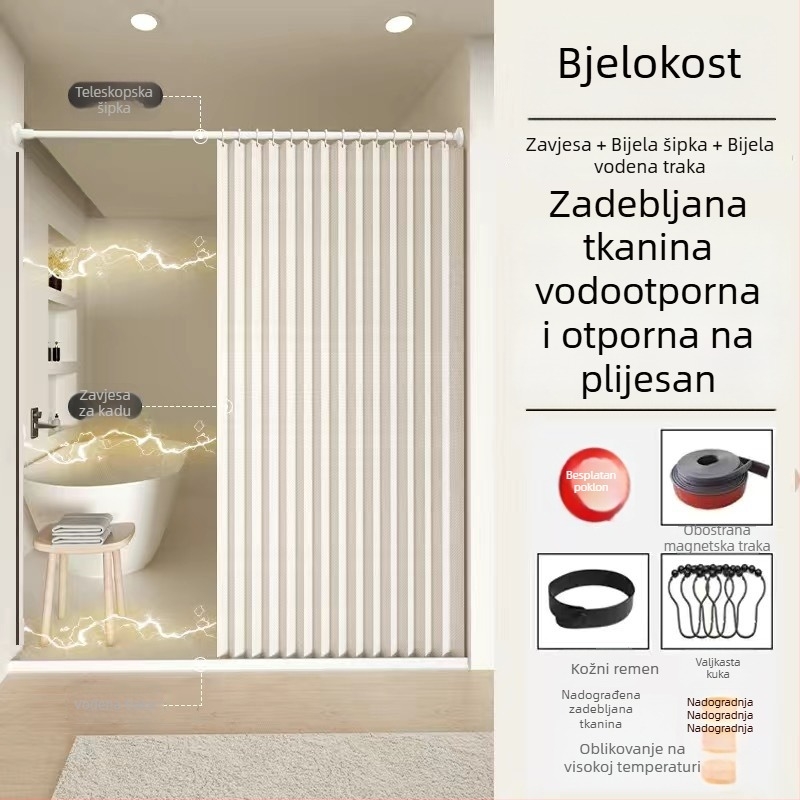 Nevidljivi sklopivi komplet zavjesa za tuširanje, bez bušenja, vodootporna tkanina, pregrada za kupaonicu za mokro/suho odvajanje