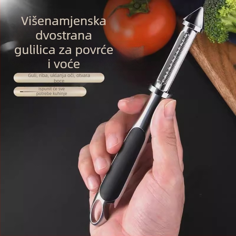 Alat od cinkovog legura, pet u jedan: oguljivač povrća, strugalica za voće i otvarač boce piva