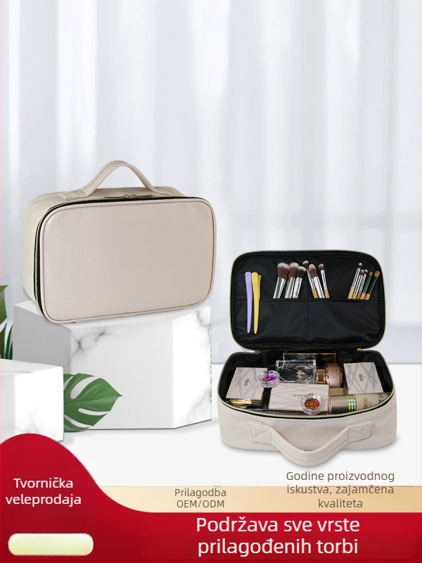 Meка torbica za šminku s ultra velikim kapacitetom, vodootporna, organizator za njegu kože i higijenske potrepštine, prenosna s ručkom, ženska putna torba, Litchi uzorak