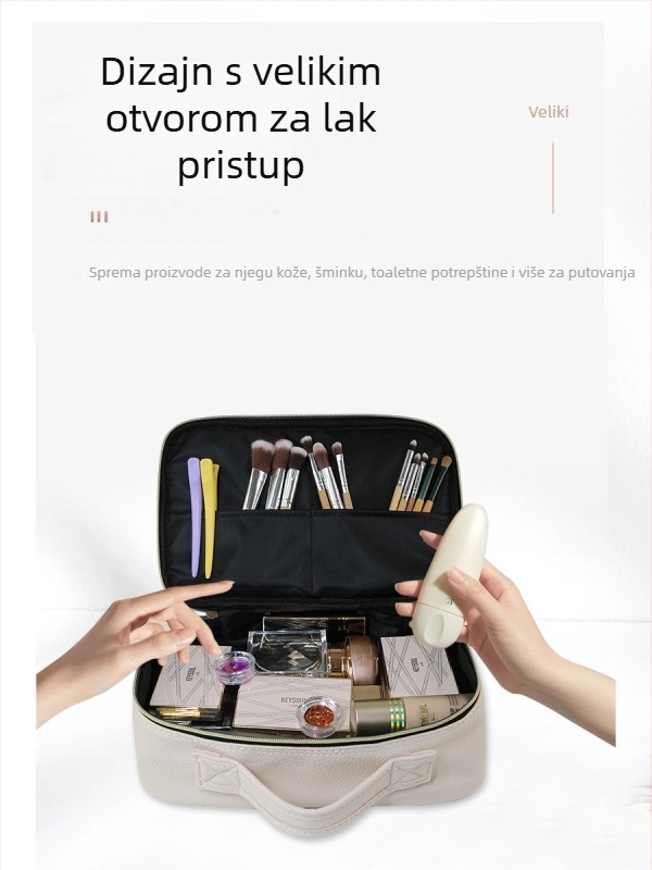 Meка torbica za šminku s ultra velikim kapacitetom, vodootporna, organizator za njegu kože i higijenske potrepštine, prenosna s ručkom, ženska putna torba, Litchi uzorak