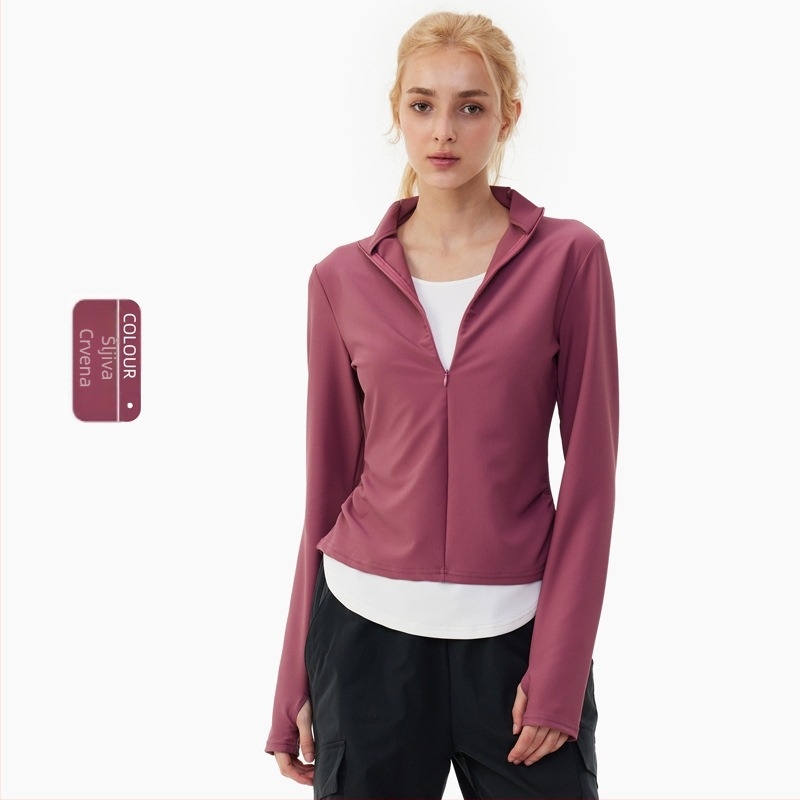 Ženski fitness top s dugim rukavima i polu-zipom, brzo se suši, za jogu i treninge na otvorenom, uski kroj, nylon-spandex