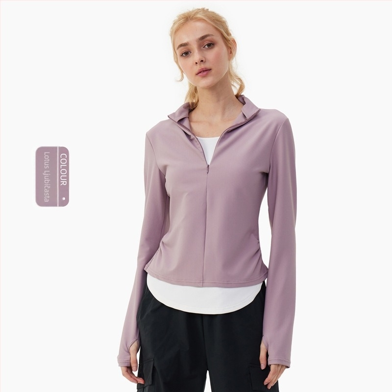 Ženski fitness top s dugim rukavima i polu-zipom, brzo se suši, za jogu i treninge na otvorenom, uski kroj, nylon-spandex