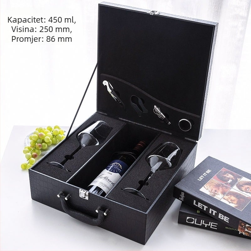 Set od dvije kristalne čaše za crveno vino u kožnoj kutiji