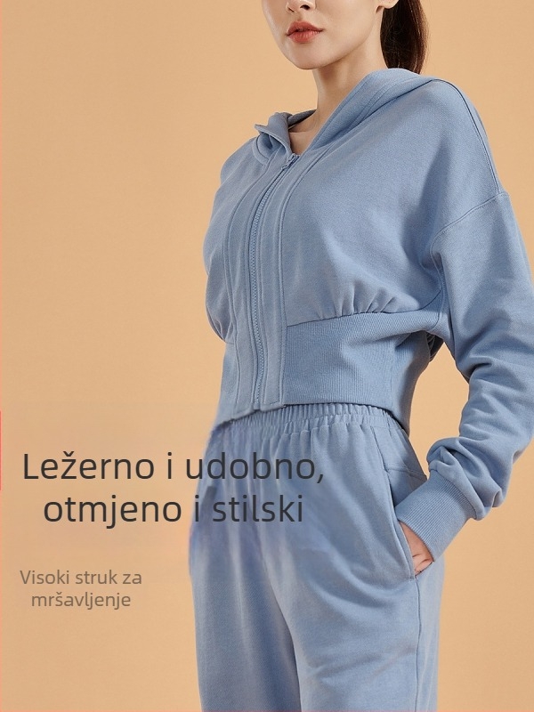 Ženski kratki hoodie s kapuljom i zipom, 100% pamuk, uski struk, za trčanje i fitness