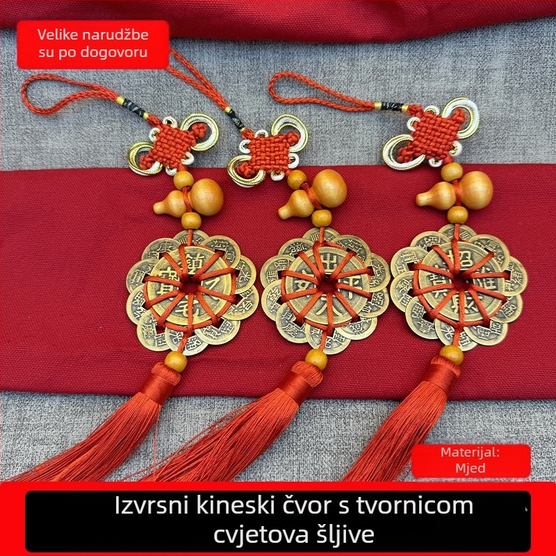 Mosazni kineski čvor privjesak s motívom cvijeta šljive i drvenim tikvom, ručna izrada