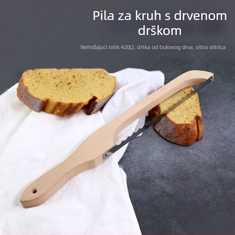 Nož za kruh s lukom oblikovanom oštricom i drškom od bukovine, nazubljen za rezanje bageta i tosta