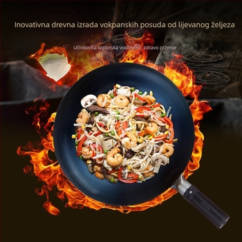 Tradicionalni wok od lijevanog željeza za kućnu upotrebu, neprijanjajuća, pogodna za plinske štednjake, lagana, s okruglim dnom.