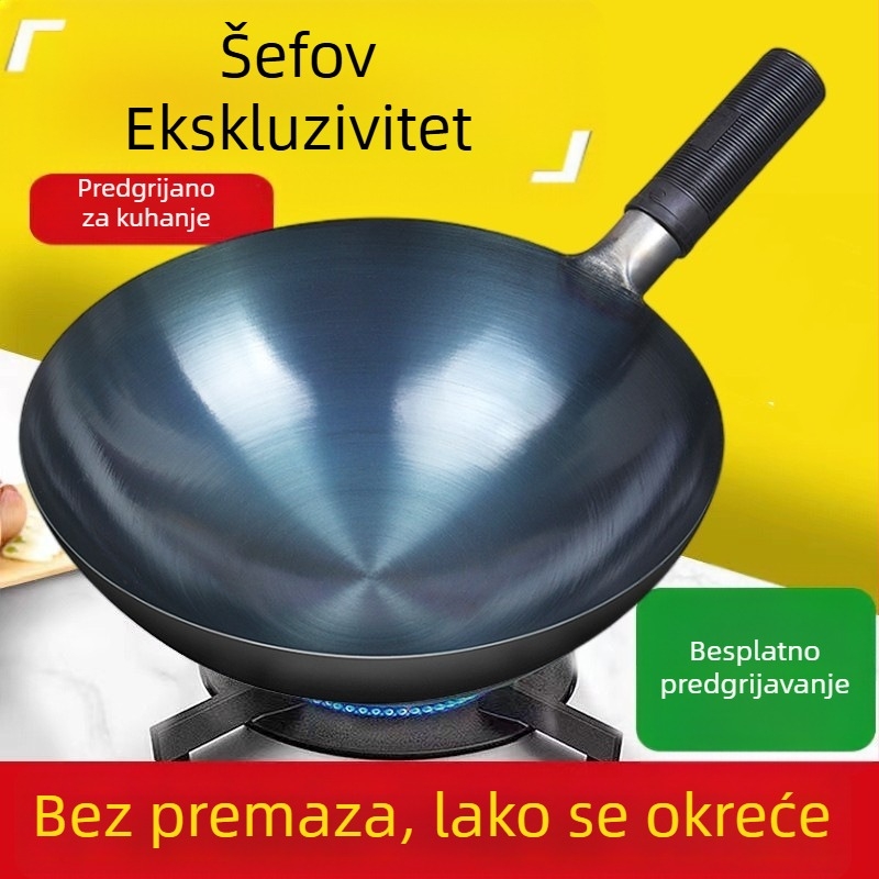 Tradicionalni wok od lijevanog željeza za kućnu upotrebu, neprijanjajuća, pogodna za plinske štednjake, lagana, s okruglim dnom.