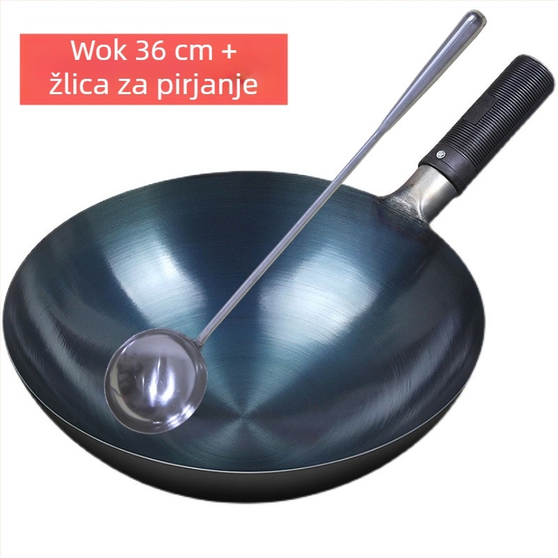 Tradicionalni wok od lijevanog željeza za kućnu upotrebu, neprijanjajuća, pogodna za plinske štednjake, lagana, s okruglim dnom.