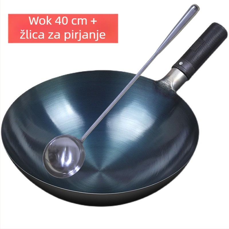 Tradicionalni wok od lijevanog željeza za kućnu upotrebu, neprijanjajuća, pogodna za plinske štednjake, lagana, s okruglim dnom.