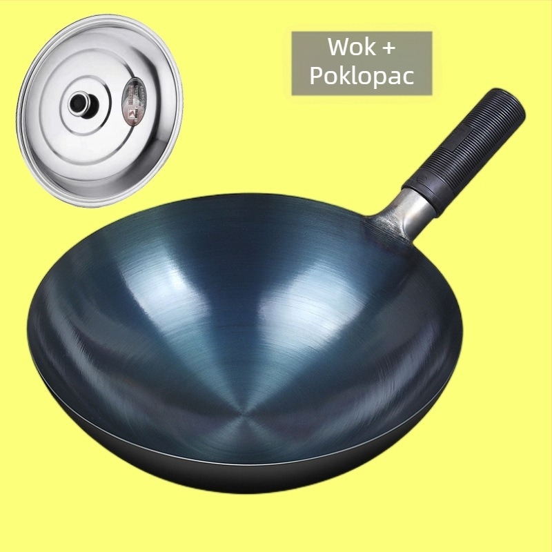 Tradicionalni wok od lijevanog željeza za kućnu upotrebu, neprijanjajuća, pogodna za plinske štednjake, lagana, s okruglim dnom.