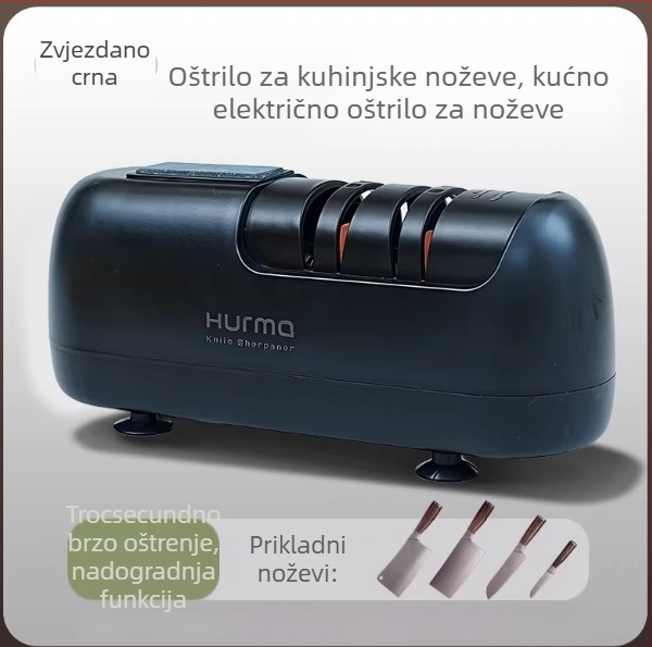 Električni oštrač noževa za kućnu upotrebu; kompaktni, višenamjenski sustav za oštrenje kuhinjskih noževa i škara; potpuno automatski.