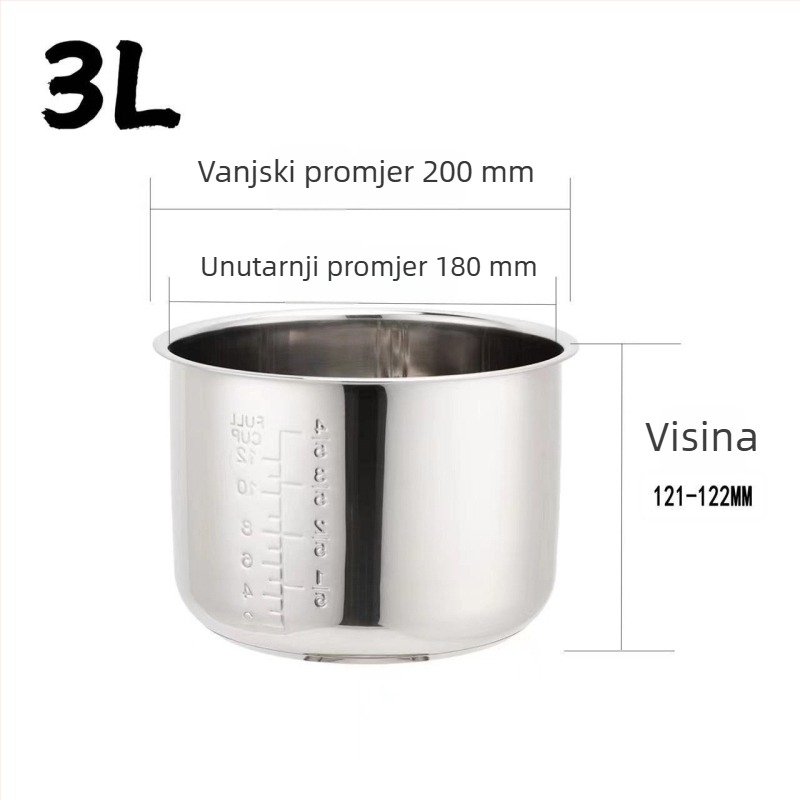 Unutarnji lonac od 304 nehrđajućeg čelika za rižar i tlak kuhalo, višeslojno dno, kapaciteti 2 L i 3 L