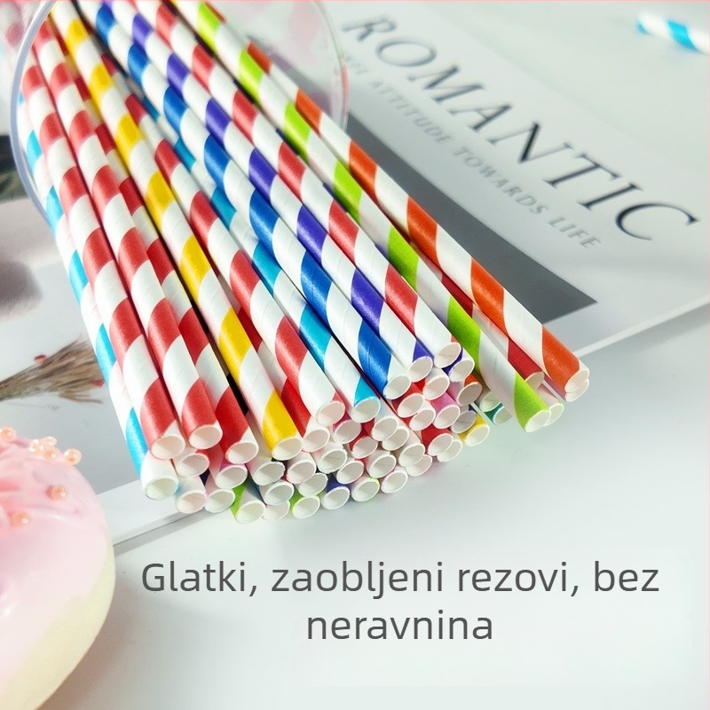 Šarene papirnate slamke s prugama, jednokratne, biološki razgradljive, deblje, prehrambene kvalitete, ravna cijev za kavu i mlijeko čaj