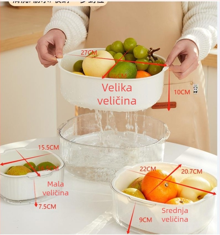 Višenamjenski plastični koš za isušivanje, trodijelni set za kuhinju, dvostruki koš za voće i povrće
