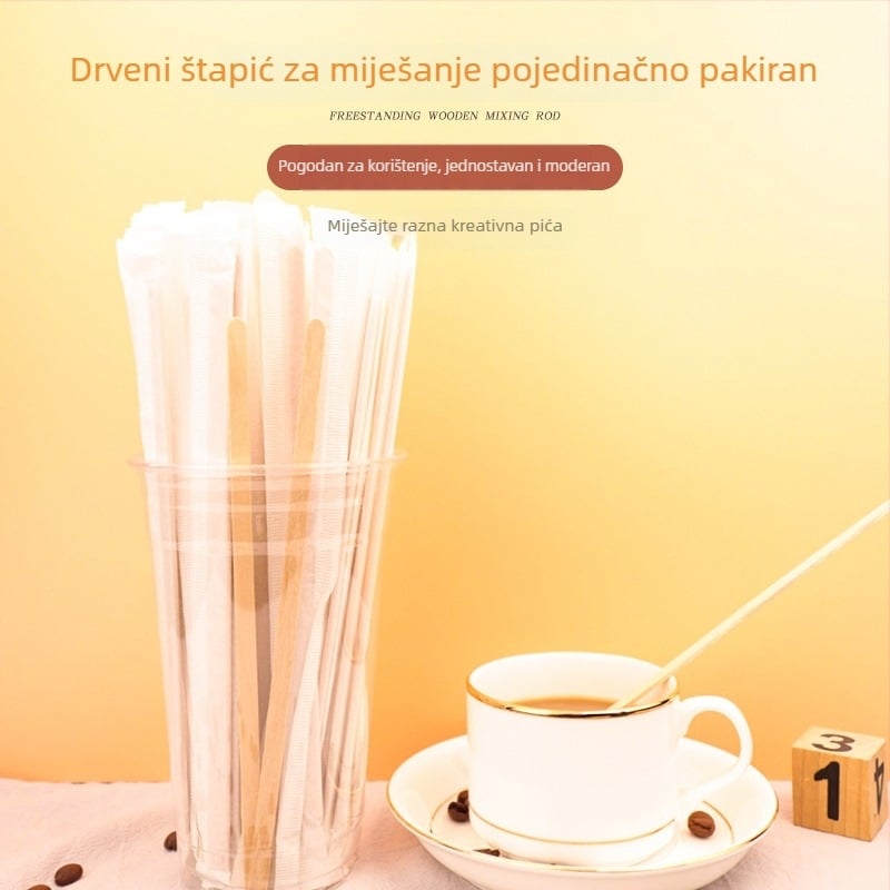 Drvene jednokratne slamke za kavu i štapići za miješanje s papirnim omotom, individualno pakirano