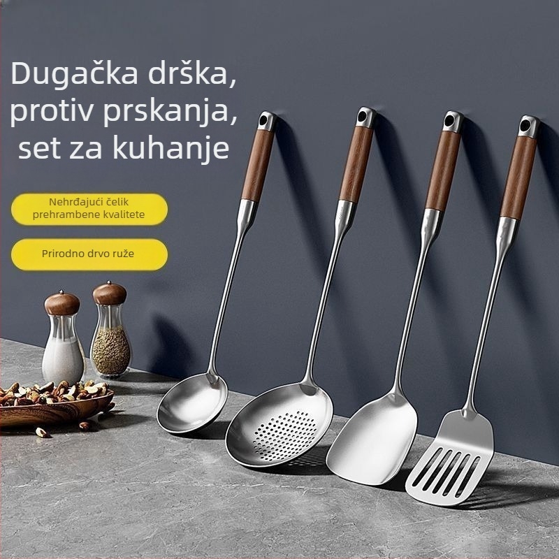 Deblja špatula od nehrđajućeg čelika s drvenom drškom, kuhinjski set alata: špatula i jušna žlica