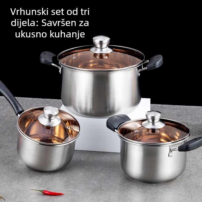Trojedjelni set posuda od ne-magnetnog nehrđajućeg čelika za kuhinju, uključuje lonac za juhu i lonac za mlijeko