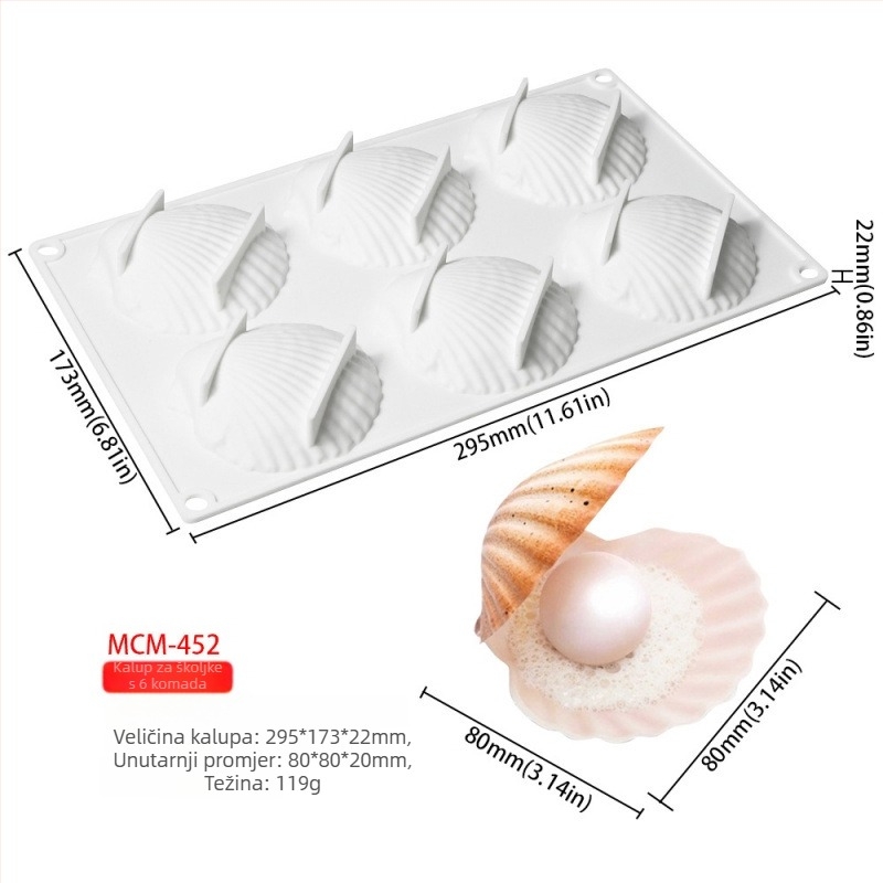 Set od 6 silikonskih kalupa za kolače u obliku školjke, kalup za mousse od čokolade s perlom i kalup za svijeću