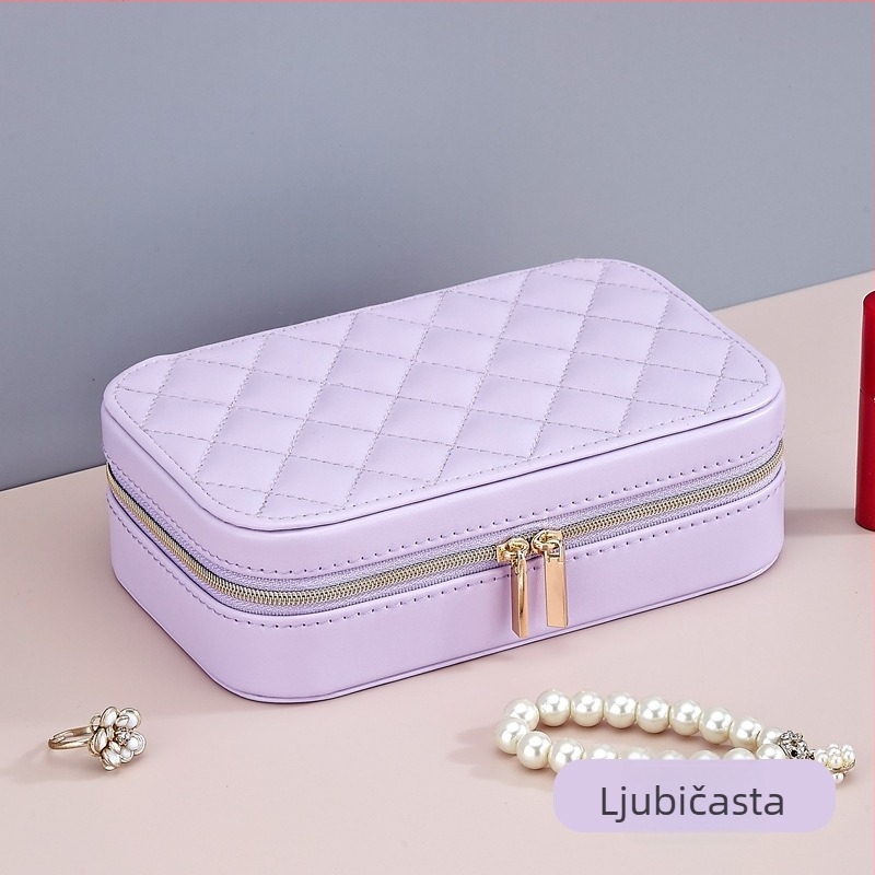 Kožna kutija za nakita s zatvaračem – prijenosni spremnik za naušnice, lančiće i prstene, mekan retro stil, dimenzije 17.5 x 5.5 x 11 cm