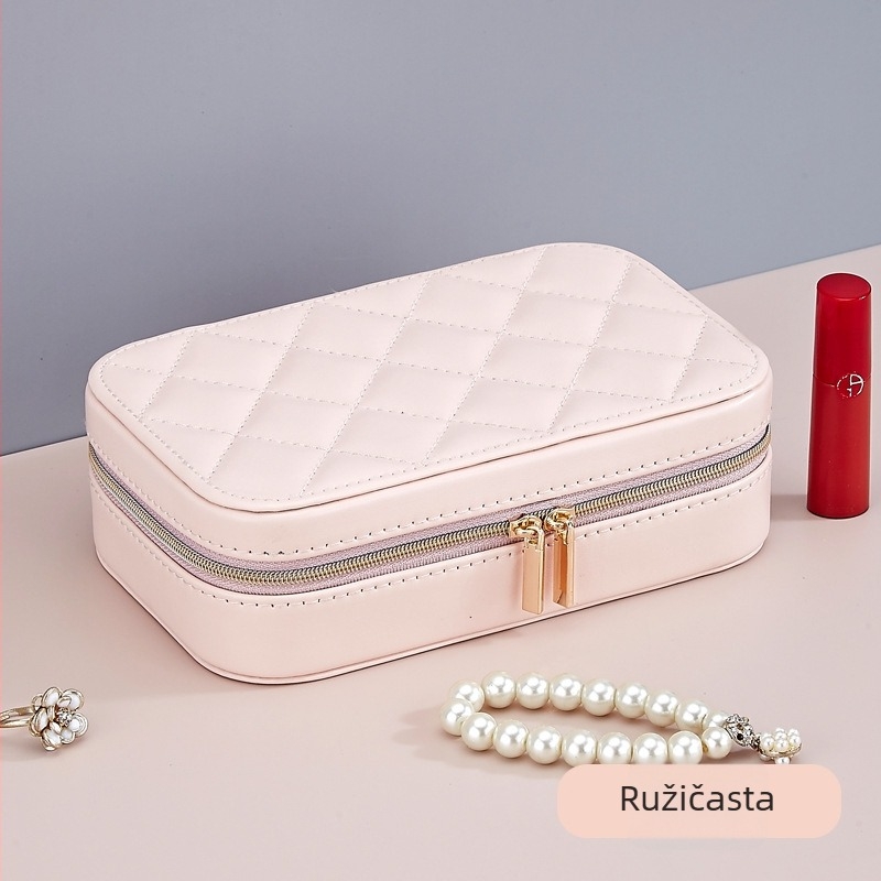 Kožna kutija za nakita s zatvaračem – prijenosni spremnik za naušnice, lančiće i prstene, mekan retro stil, dimenzije 17.5 x 5.5 x 11 cm