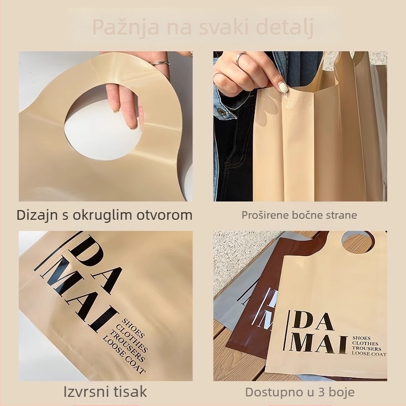 Premium plastična torba za kupovinu za dućan odjeće, ženska ambalažna torba — debela, moderna i minimalistička, veličine: velika 43×55 cm, srednja 38×49 cm, mala 30×39 cm.