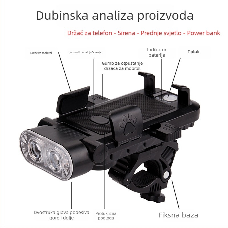 4-u-1 svjetlo za bicikl za noćnu vožnju: prednje svjetlo, power bank, zaključavanje telefona jednim gumbom