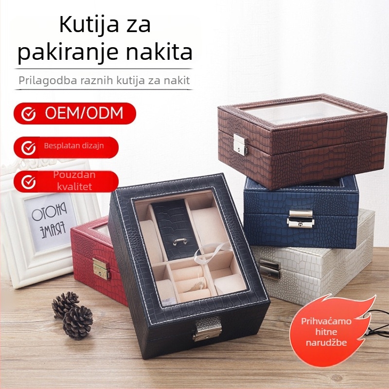 Kutija za satove s 4 odjelka, PU koža s uzorkom guštera, europski stil kutije za nakit, drvena kutija za pohranu nakita, dimenzije 25,7×21×7,5 cm, boje: bijela, bordo, plava, crna, smeđa