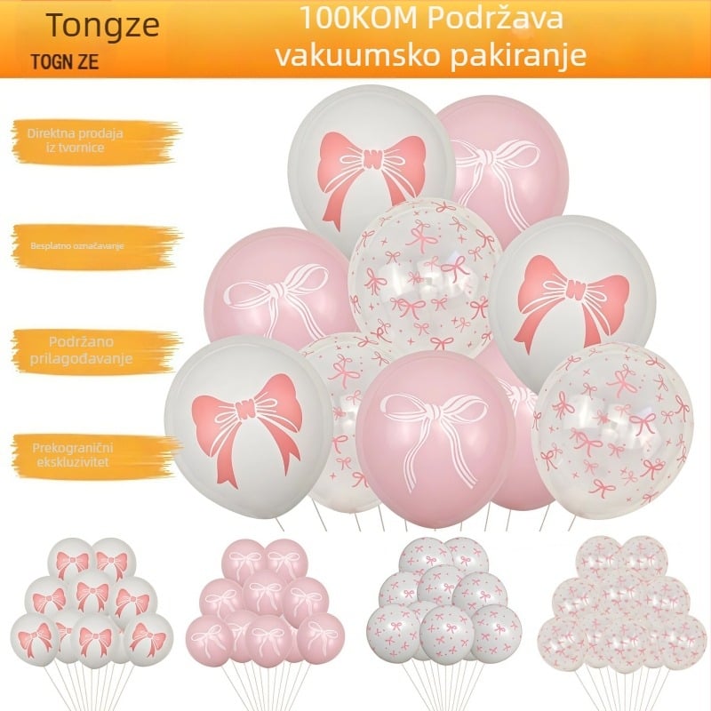 Roze baloni s mašnicom za rođendan – latex baloni, 12 inča, sferični, crtani uzorak